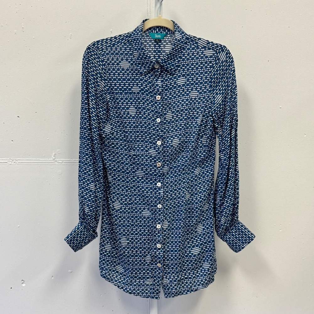 Tikinis Blue White Geometric Print Button Down Shirt Tunic XS Long Sleeve Resort